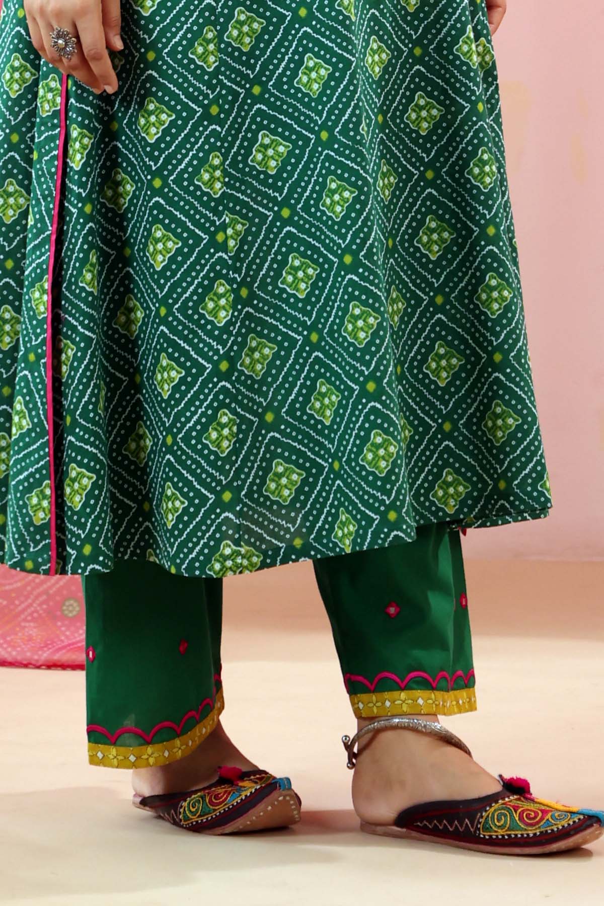 Green Cotton Straight Fit Pants with Embroidered Border
