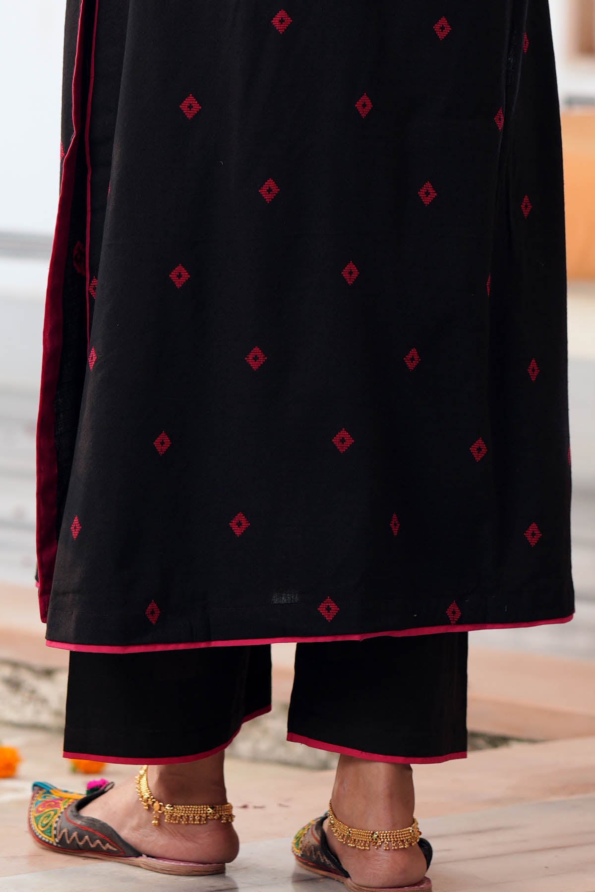 Black Cotton Pink Piped Straight Pant