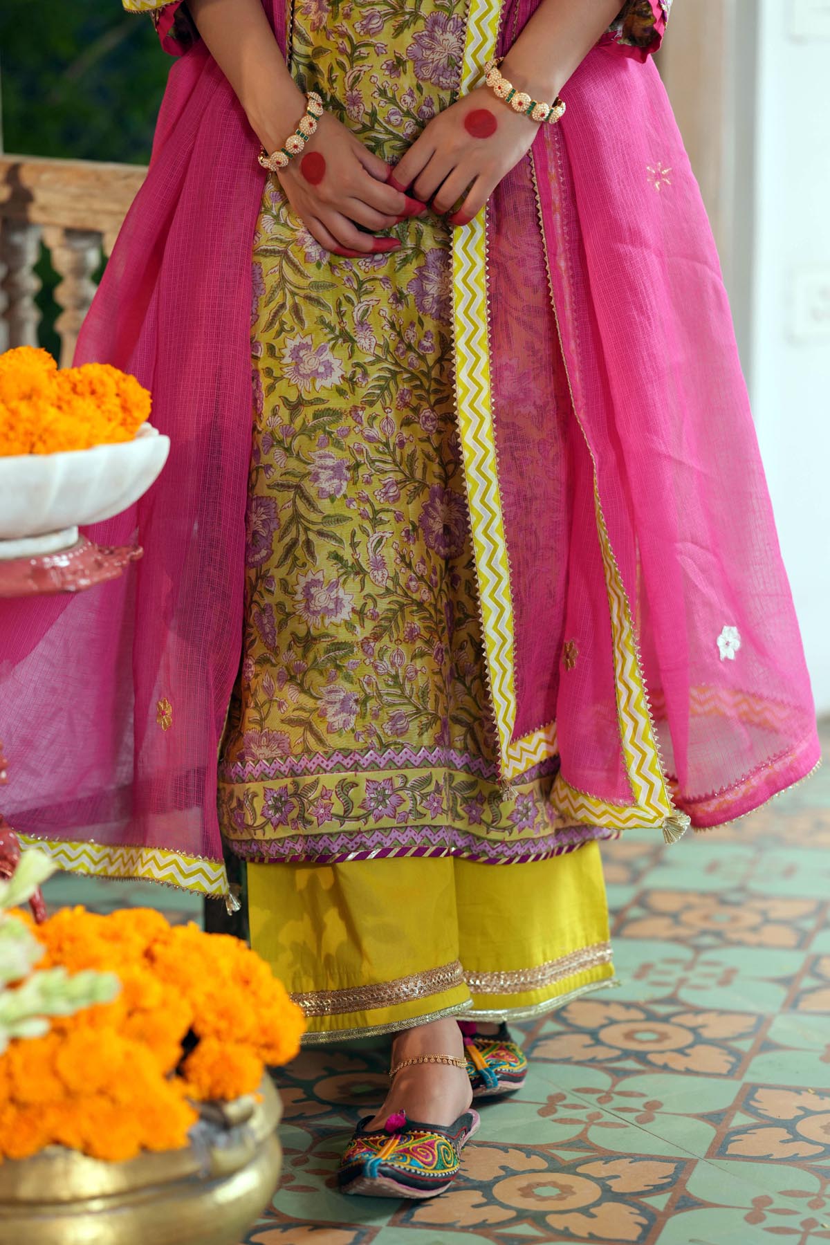 Lime Yellow Embroidered Cotton Pants