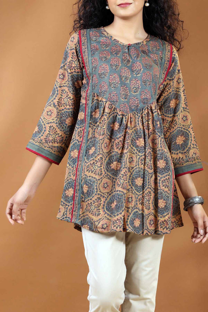 Short Length A-Line Kurti In Brown Color