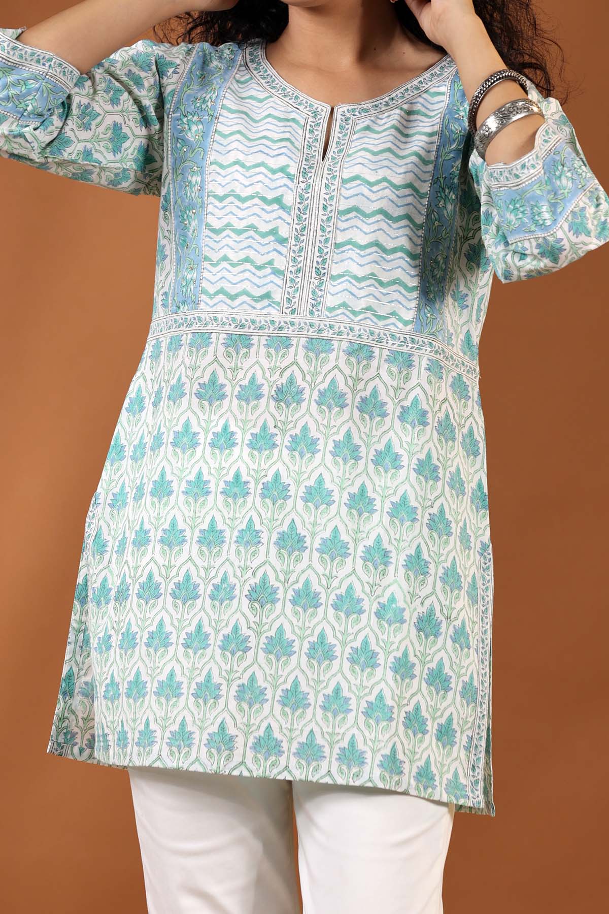 Short Length Kurti In Cream/Astringent Green Handblock Print Cotton
