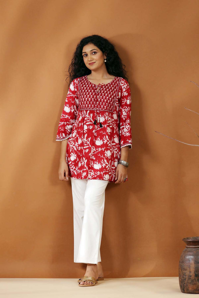 Short Length A-Line Kurti In Red Color