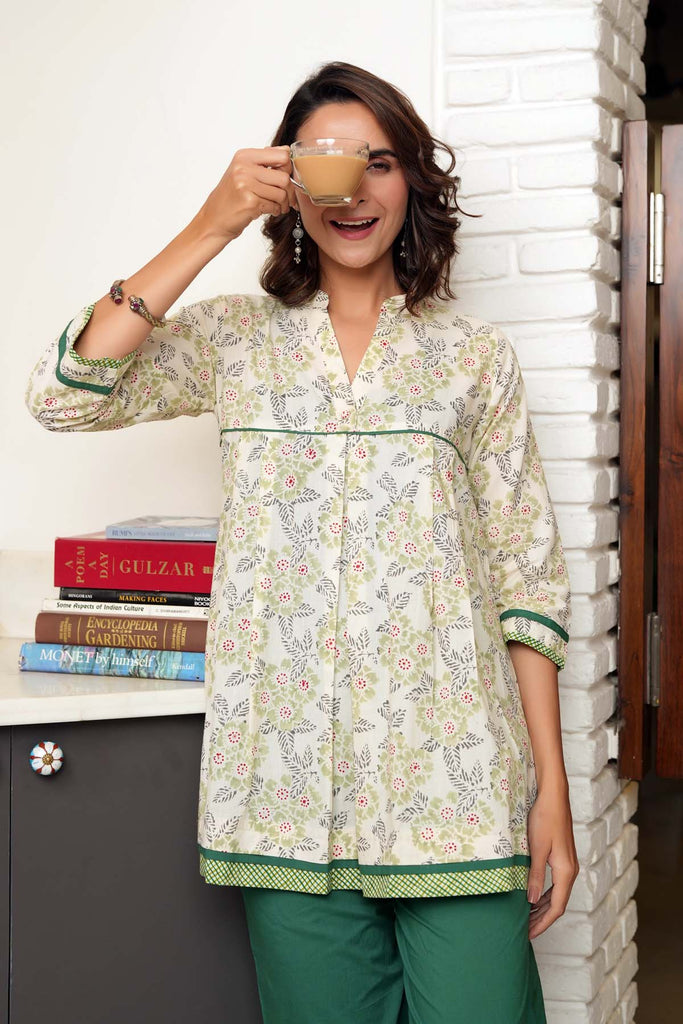 A-Line Short Length Collared Kurti In Cream Color