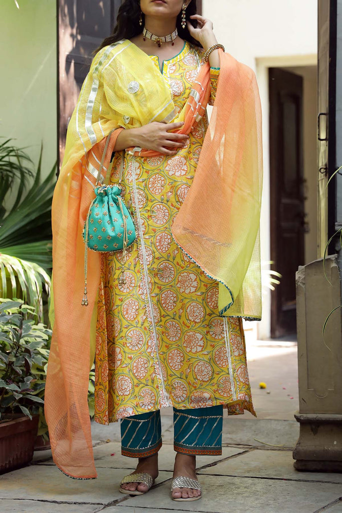 A-line Kurta in Yellow printed Chanderi fabric