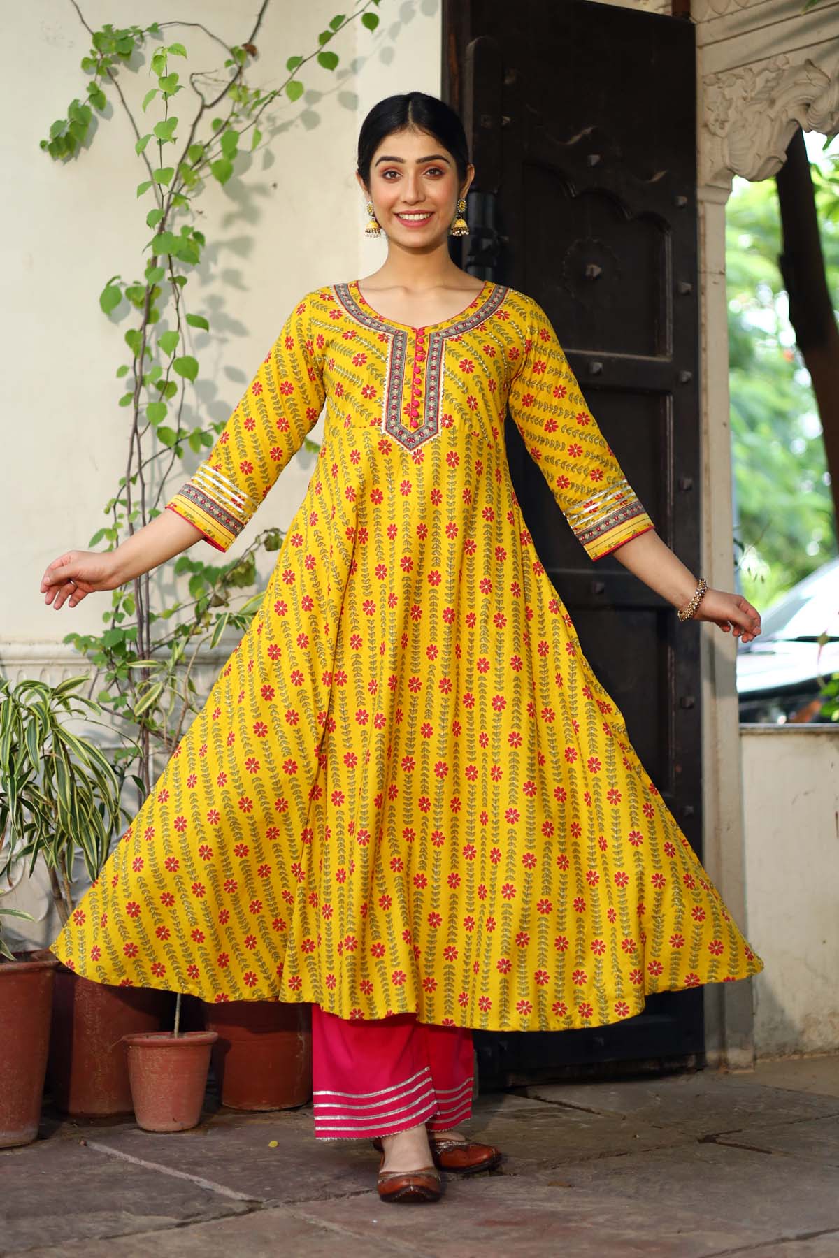 Umbrella cut long length kurta in haldi yellow color