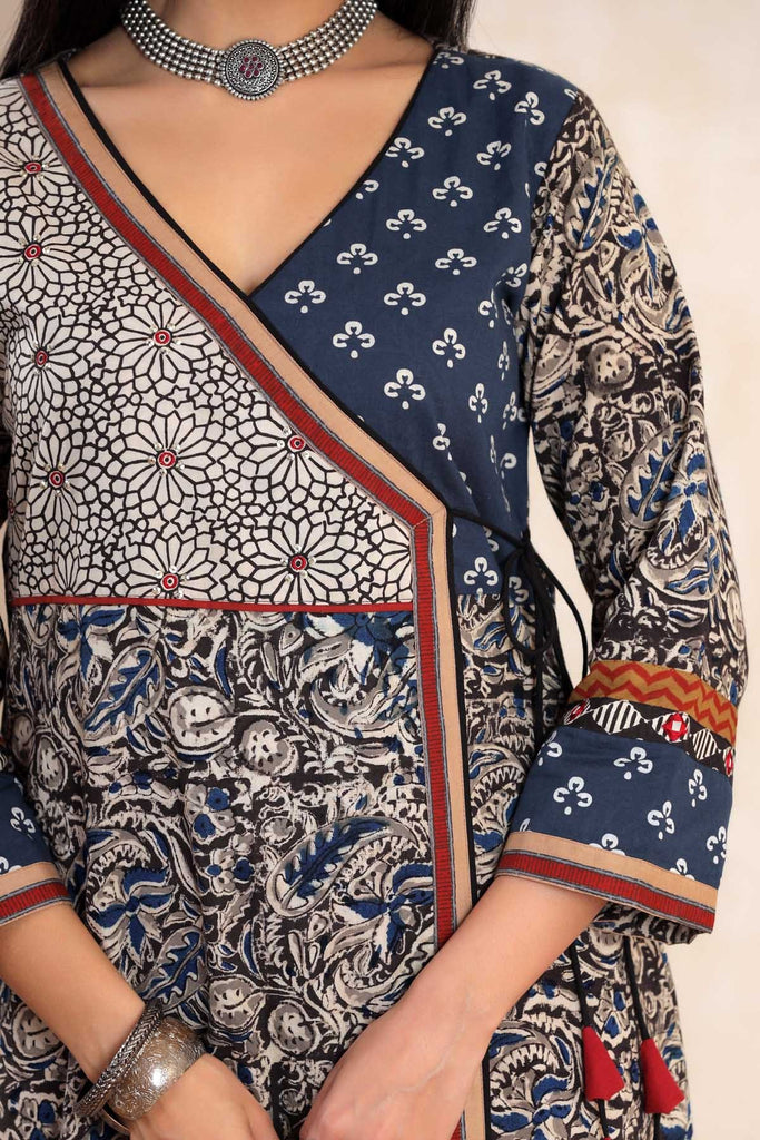 Kalidaar Kurta In Angrakha Style In Kalamkari Cotton Fabric