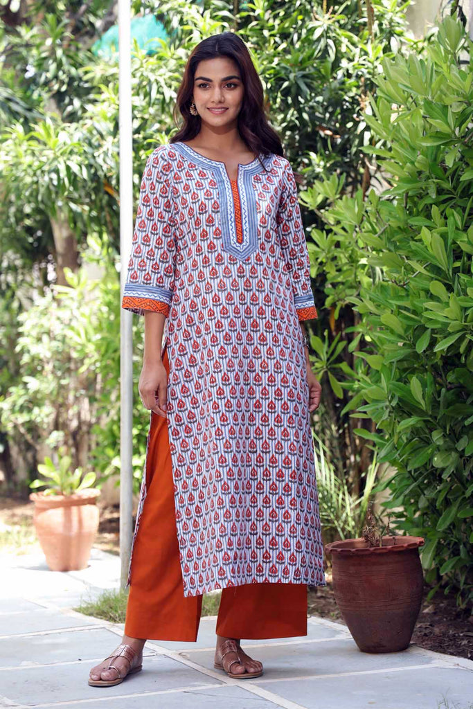Straight Fit Hand Block Printed Kurta In Chalk White Base Color