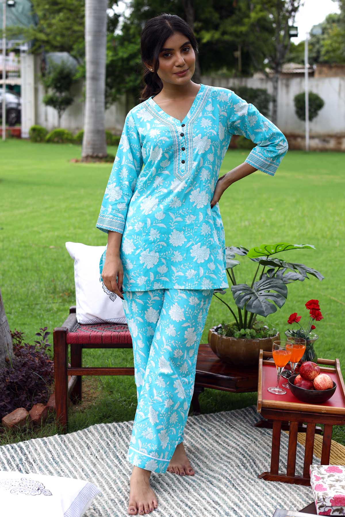 Cotton Loungewear Set In Firozi blue Color cotrasworld