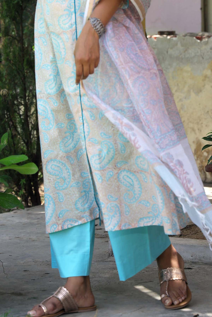 Cotton Straight Pants With Elasticated Waist In Firoji Color