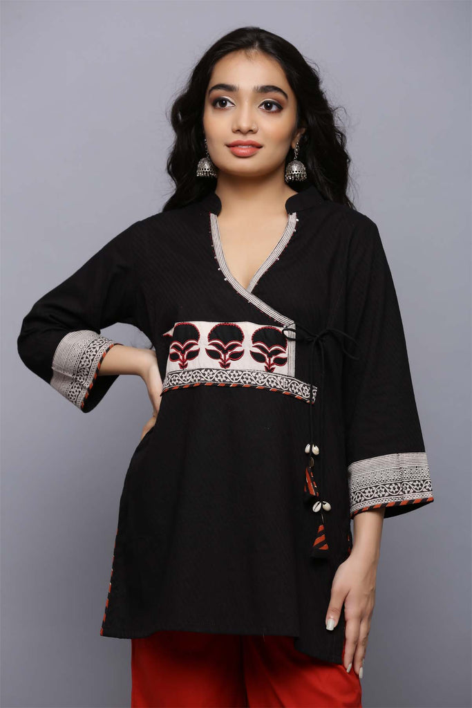 Short Length Angrakha Style Kurti In Black Color
