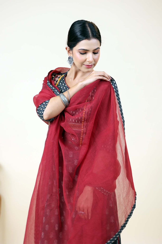 Maroon Kotadoriya Dupatta With Fabric Borders