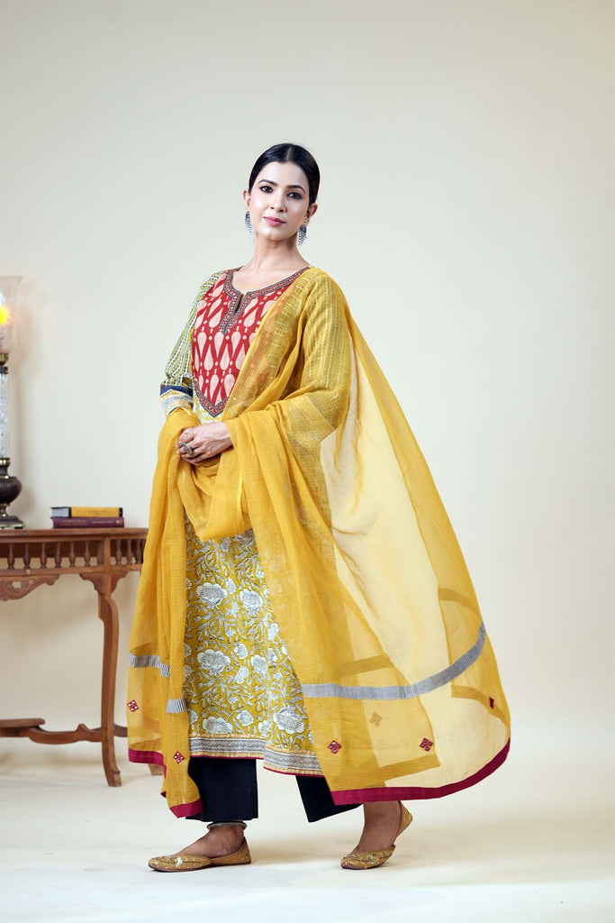 Mustard Yellow Kotadoriya Dupatta With Fabric Borders