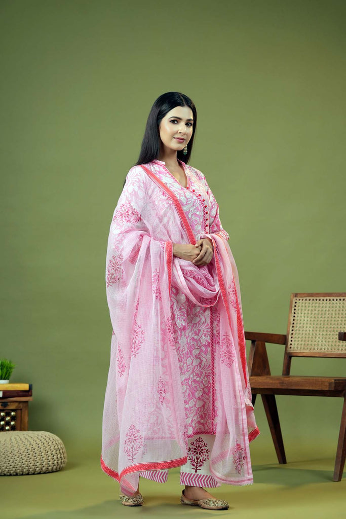 Hand Block Printed Pink Kotadoriya Dupatta