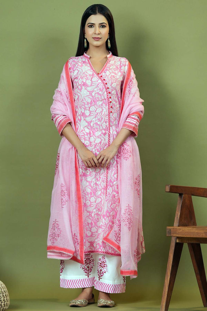 Hand Block Printed Pink Kotadoriya Dupatta