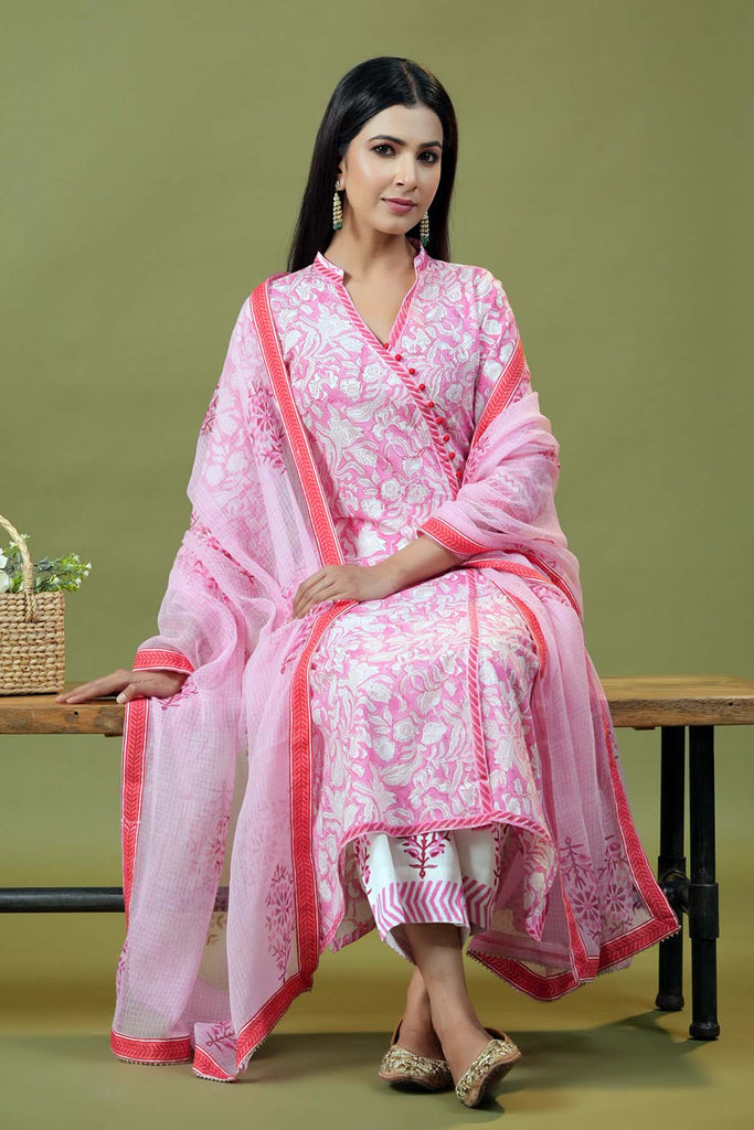 Hand Block Printed Pink Kotadoriya Dupatta