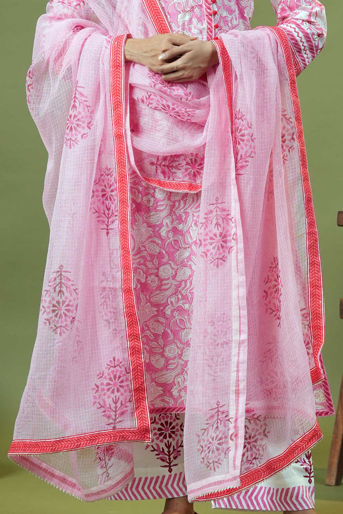 Hand Block Printed Pink Kotadoriya Dupatta