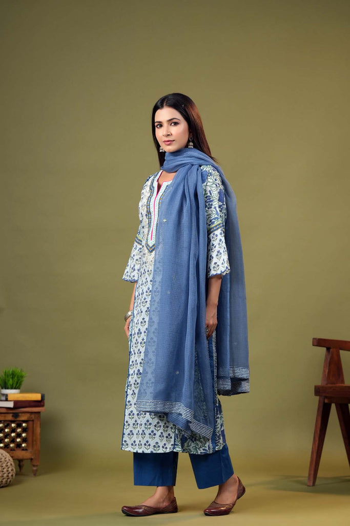 Sky Blue Kotadoriya Dupatta With Mirror Embroidery