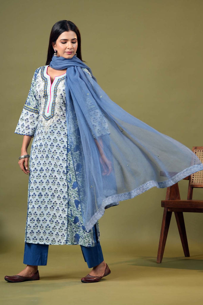 Sky Blue Kotadoriya Dupatta With Mirror Embroidery