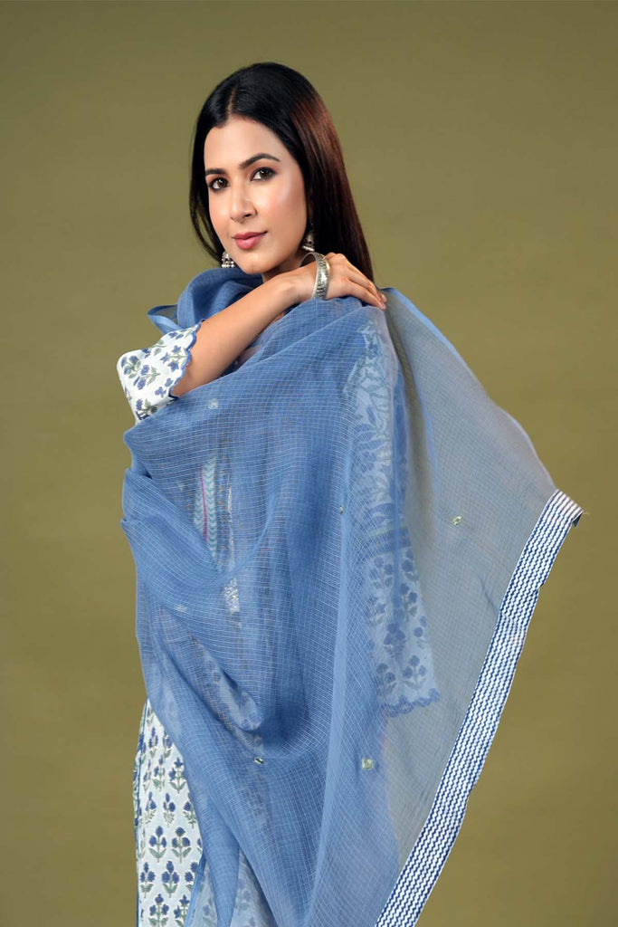 Sky Blue Kotadoriya Dupatta With Mirror Embroidery