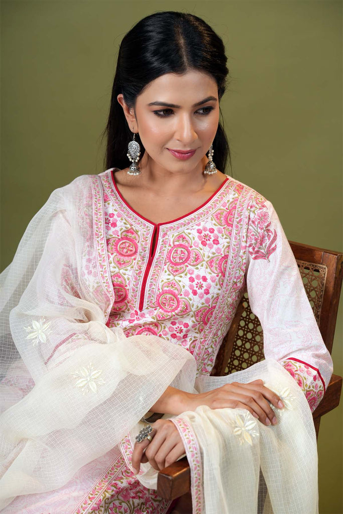 Cream Kotadoriya Dupatta With Embroidery