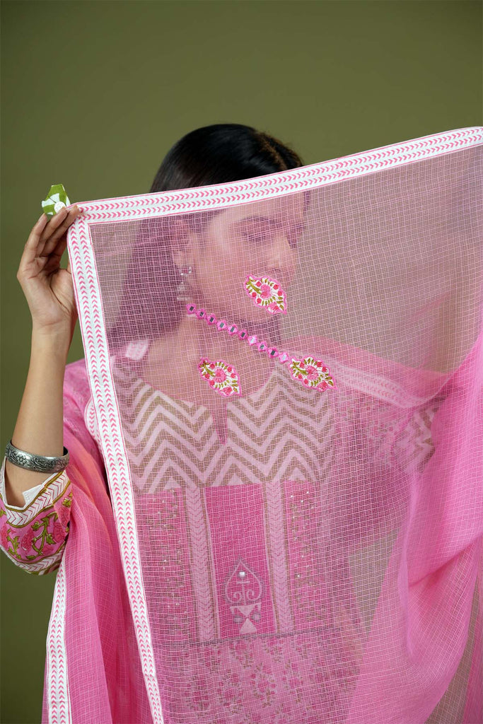 Pink Kotadoriya Dupatta With Applique Embroidery