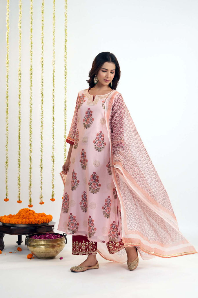 Peach Hand Block Printed Kotadoriya Dupatta