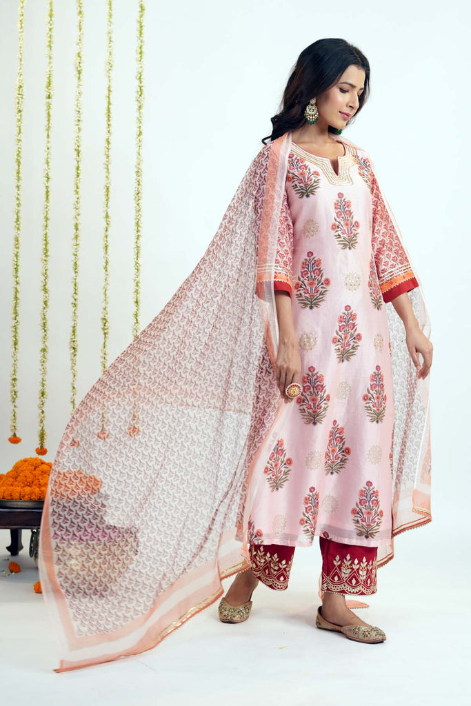 Peach Hand Block Printed Kotadoriya Dupatta