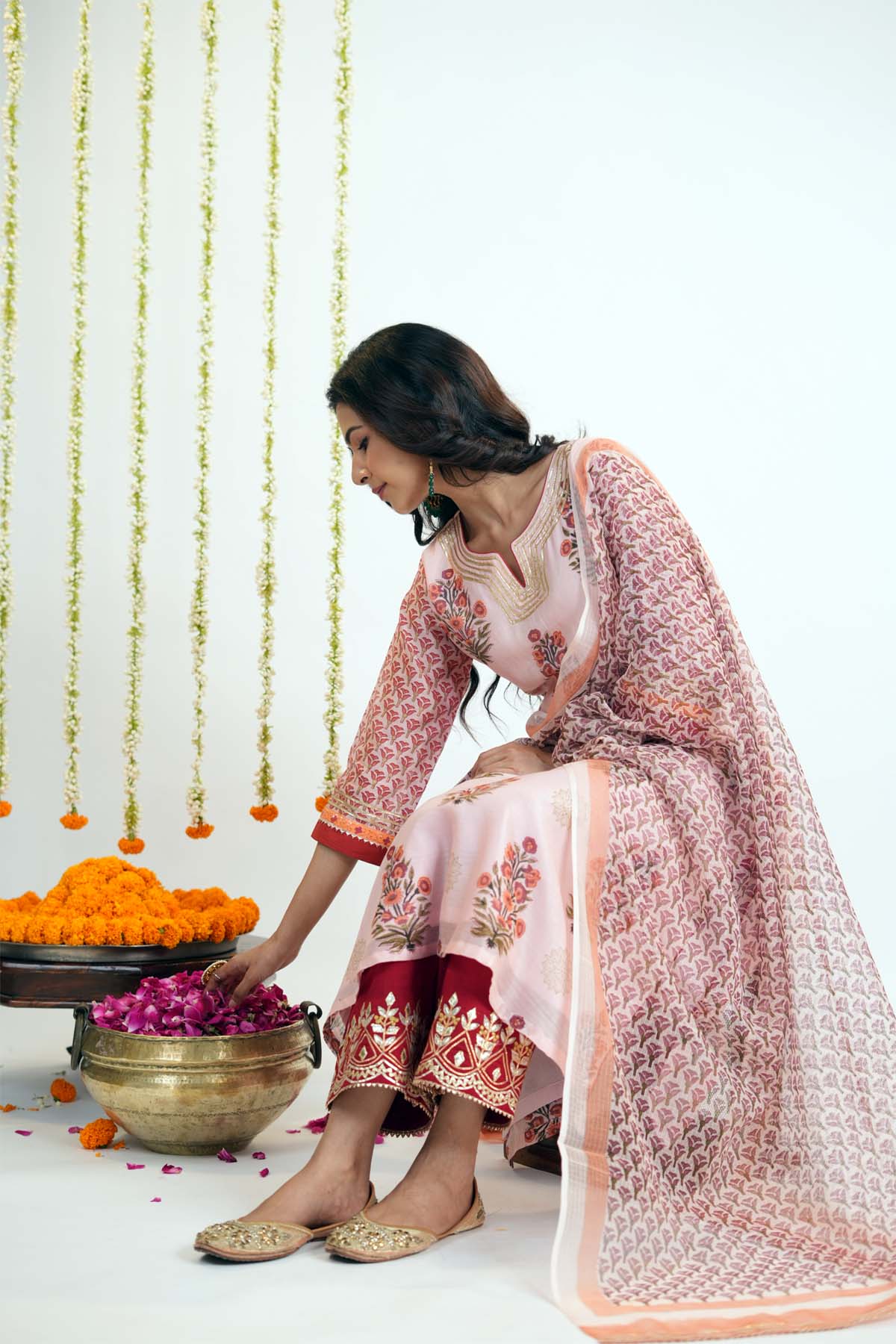 Peach Hand Block Printed Kotadoriya Dupatta