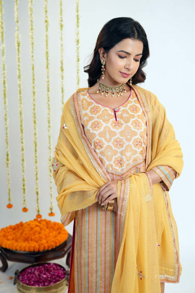 Light Orange Kotadoriya Dupatta With Gota Work