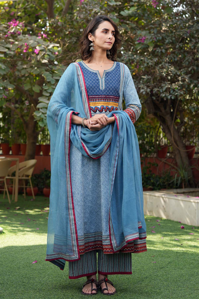 Sky Blue Kotadoriya Dupatta With Fabric Borders