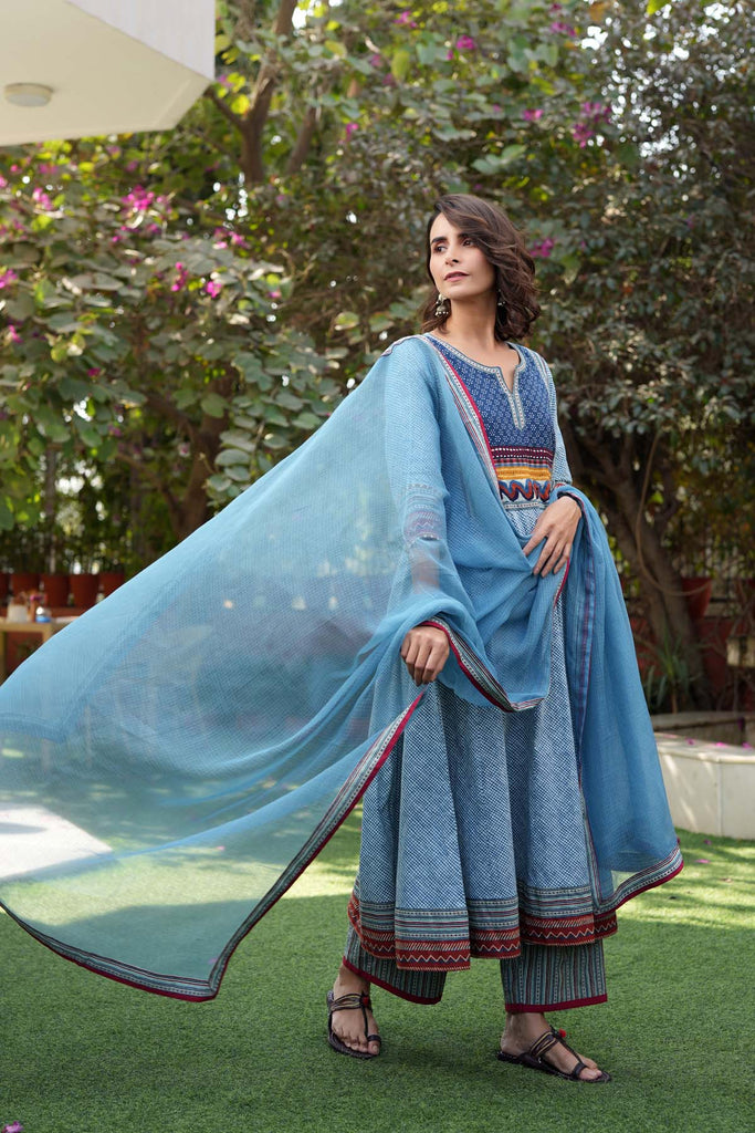 Sky Blue Kotadoriya Dupatta With Fabric Borders