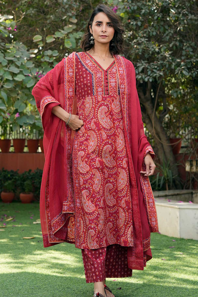 Deep Red Kotadoriya Dupatta With Fabric Borders