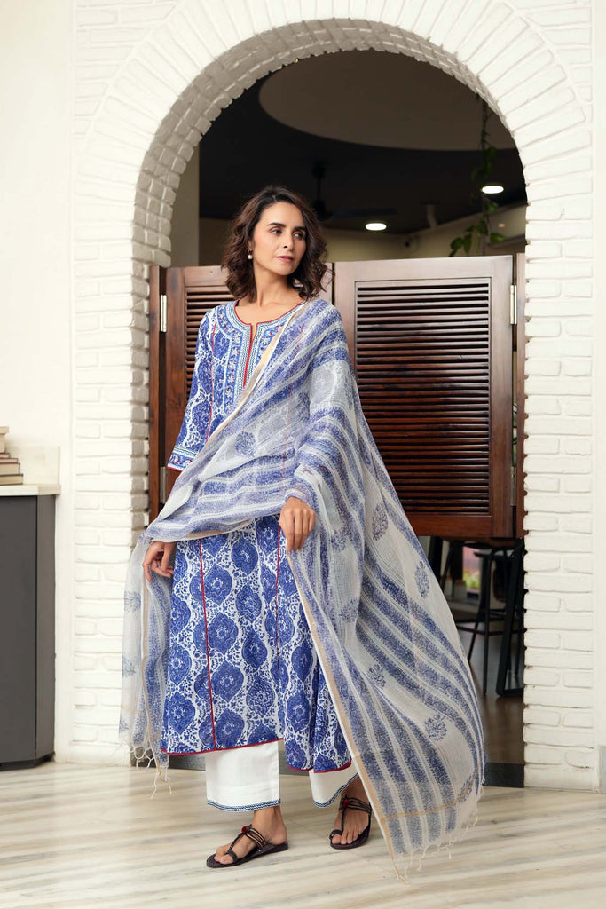 Blue Hand Block Printed Kotadoriya dupatta