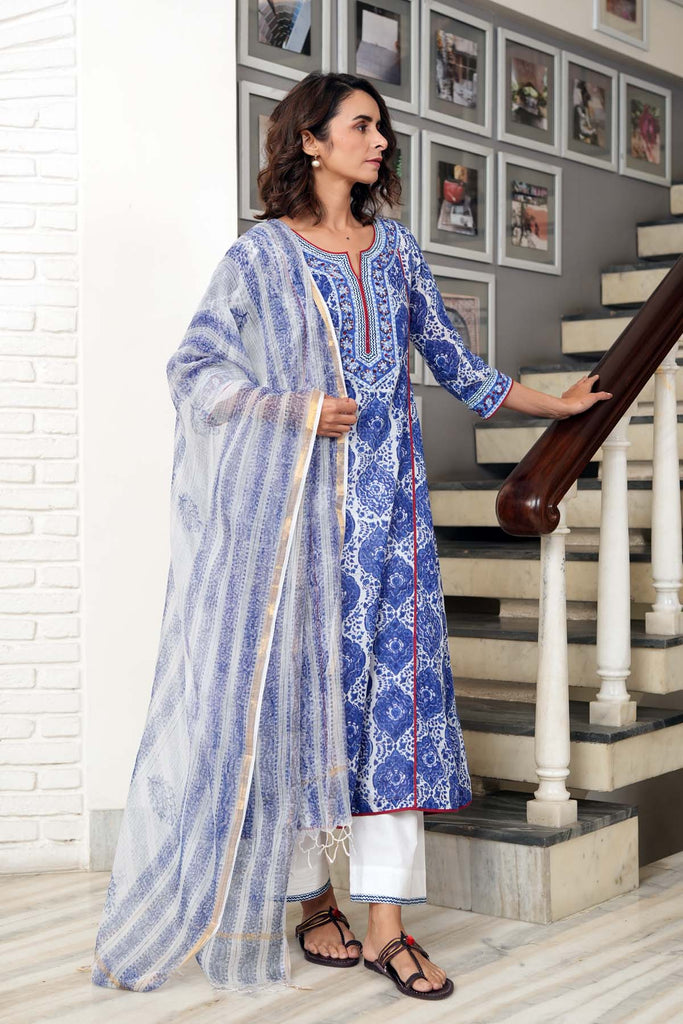 Blue Hand Block Printed Kotadoriya dupatta