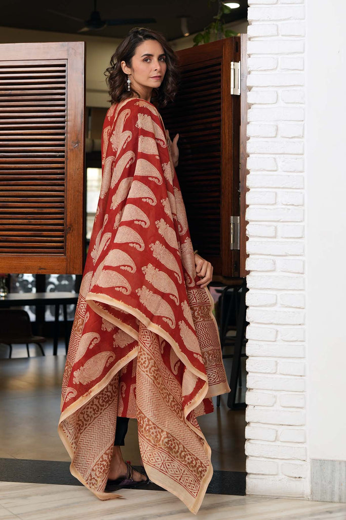Maroon Hand Block Printed Dupatta In Chanderi