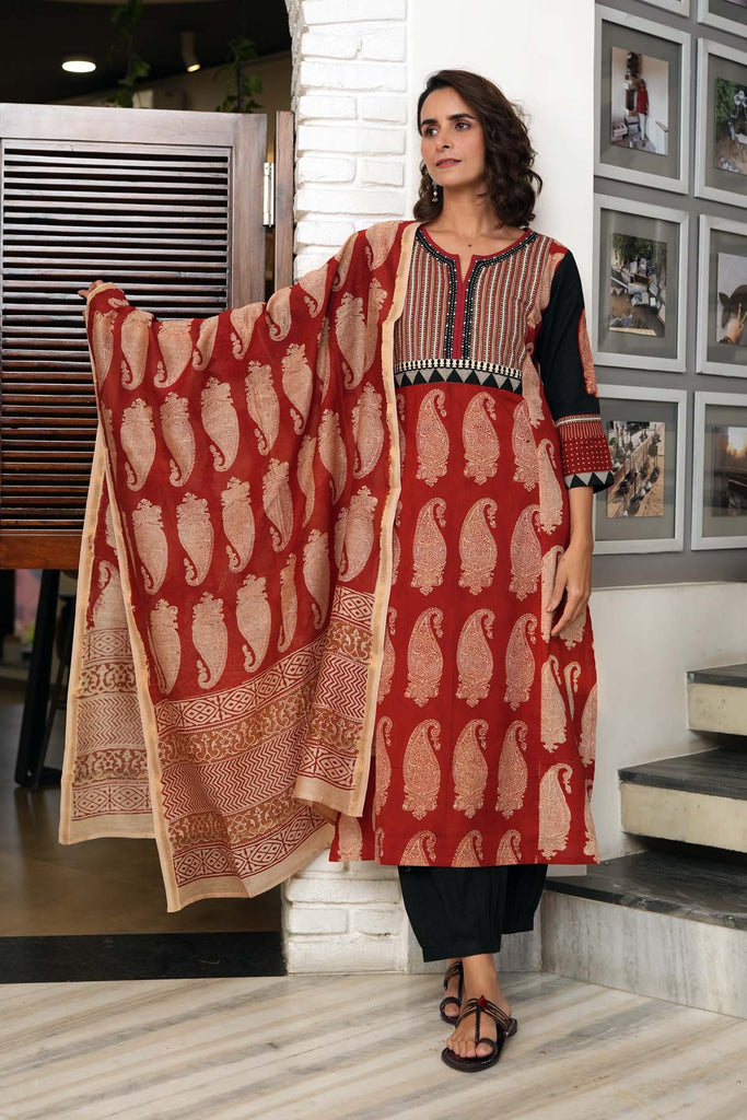 Maroon Hand Block Printed Dupatta In Chanderi