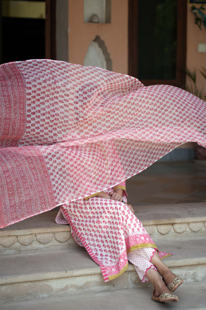 Peach Hand Block Printed Kotadoriya Dupatta