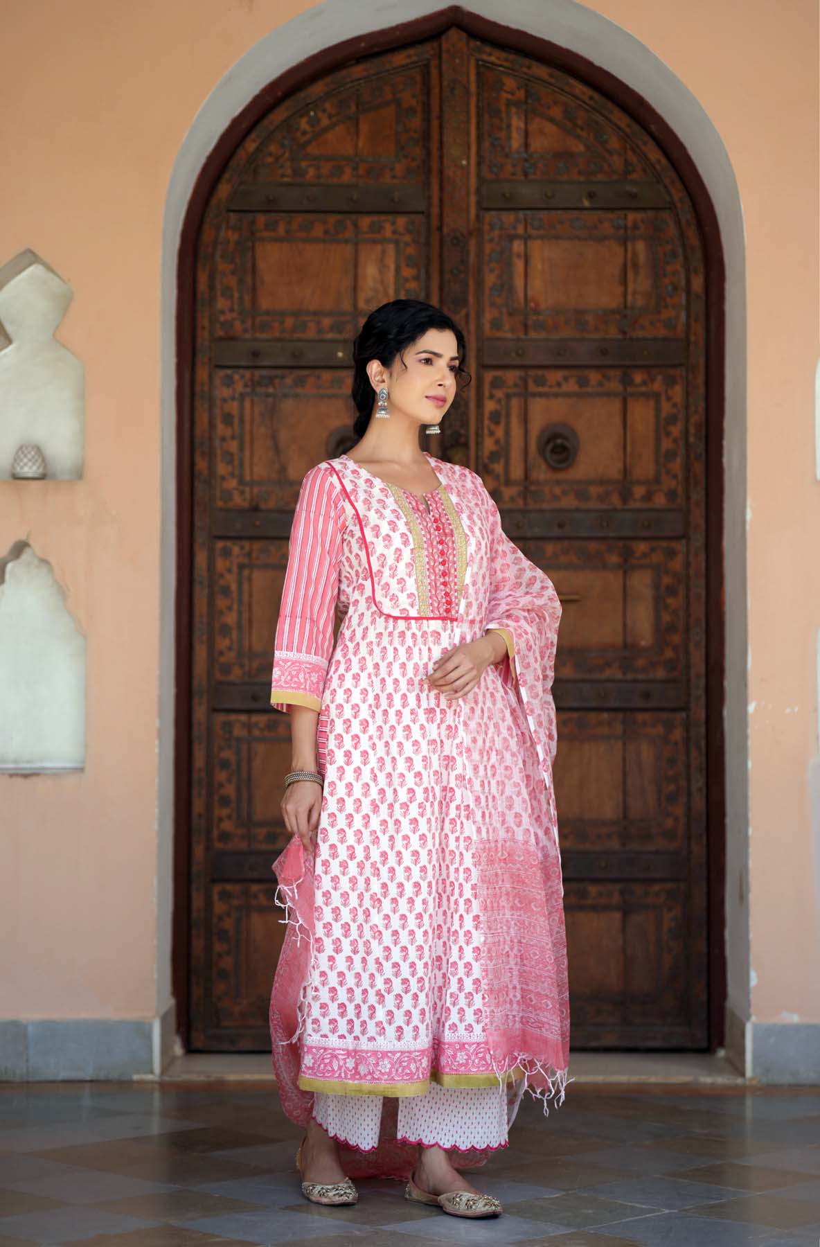 Peach Hand Block Printed Kotadoriya Dupatta
