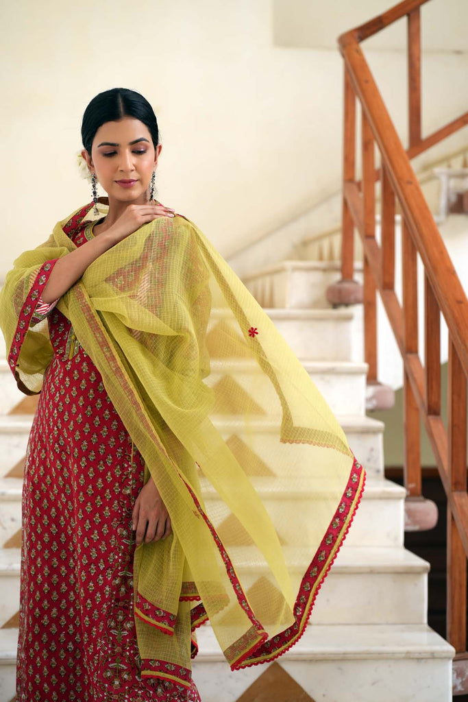 Mustard Yellow Kotadoriya Dupatta With Lace