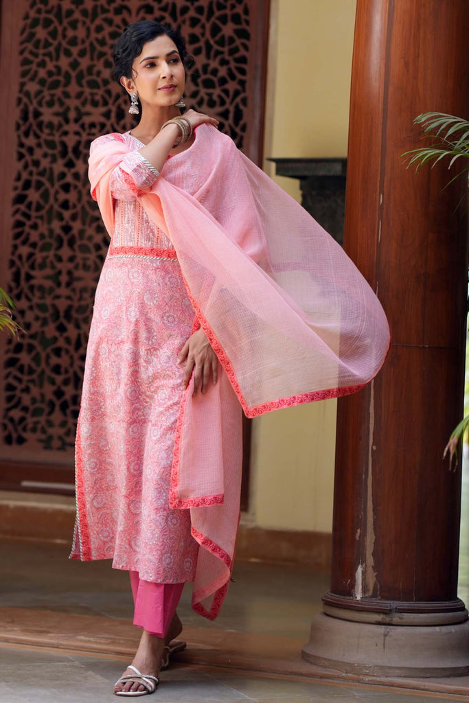 Peach Kotadoriya Dupatta With Fabric Border