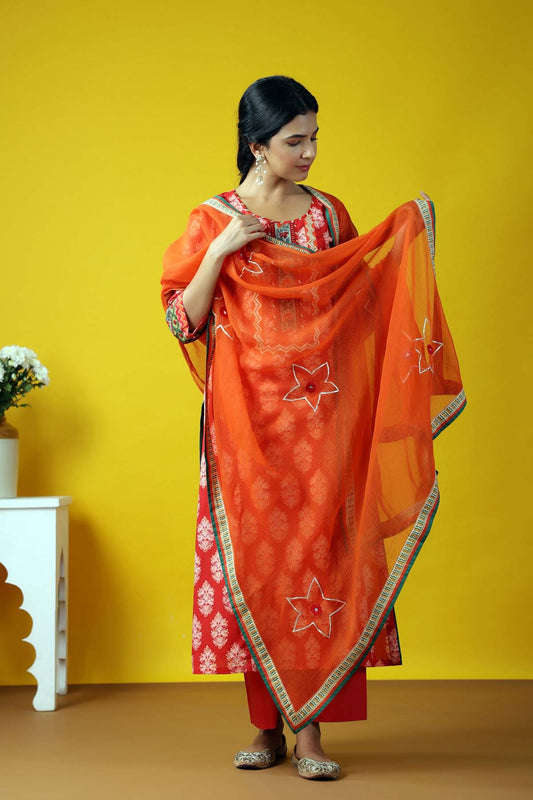 Orange Kotadoriya Dupatta With Gota Work