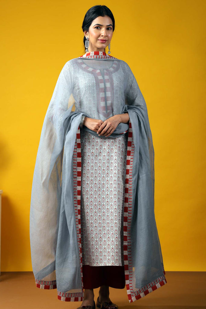 Grey kotadoriya Dupatta With Fabric Borders