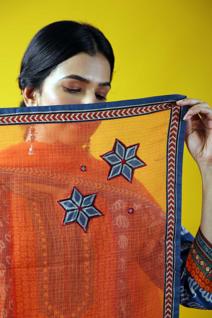 Orange Kotadoriya Dupatta With Applique Work