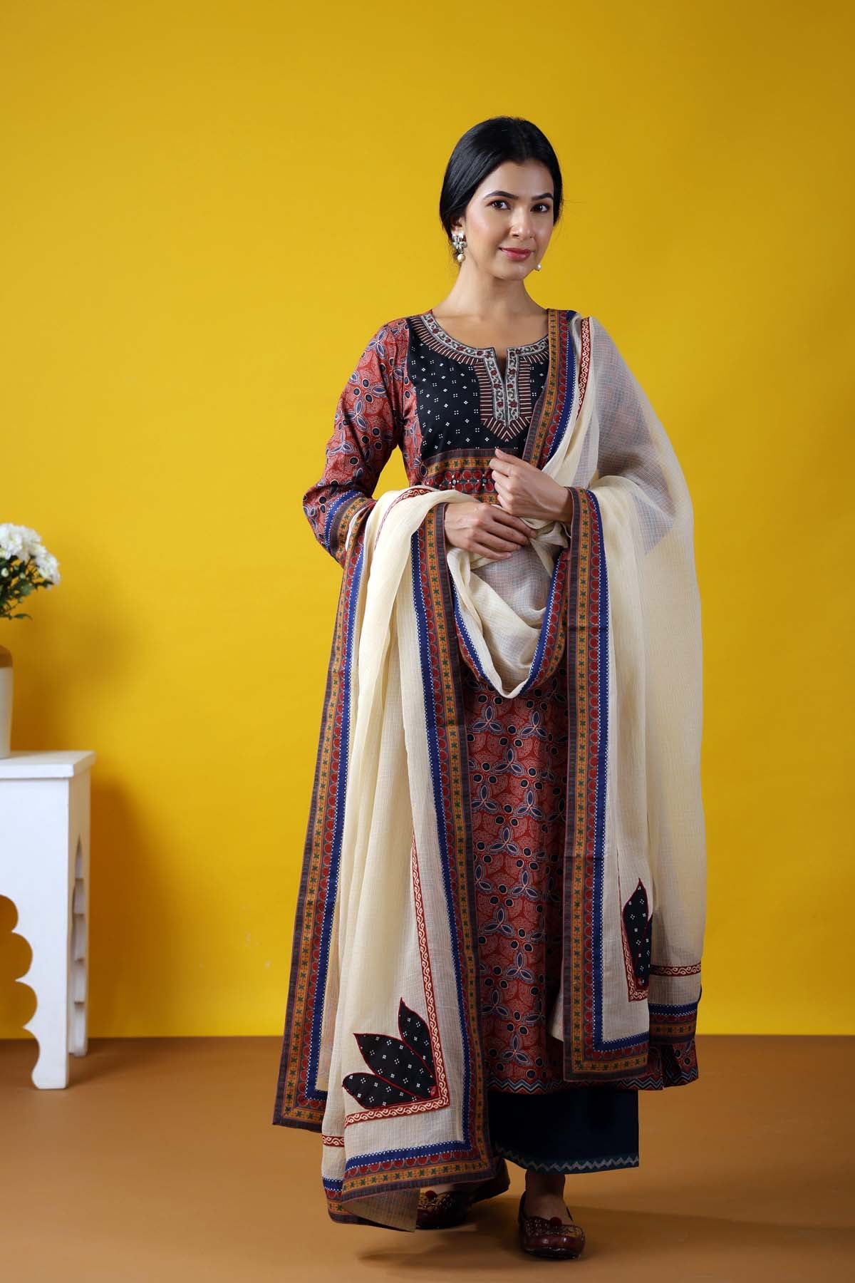 Cream Kotadoriya Dupatta With Applique Work