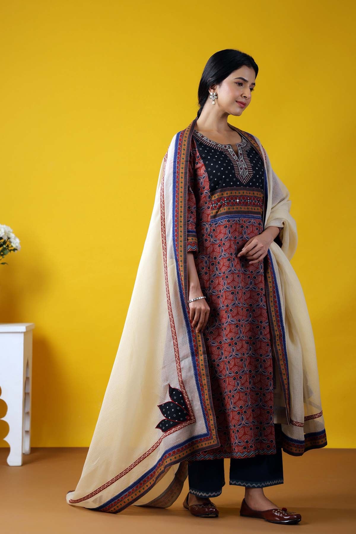 Cream Kotadoriya Dupatta With Applique Work