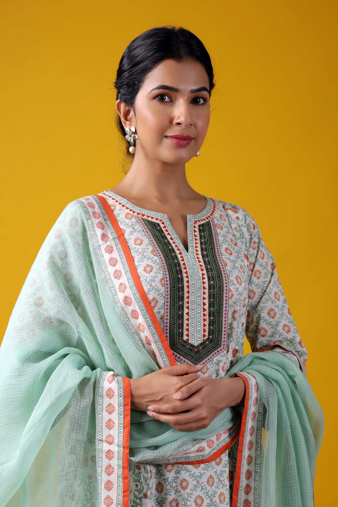 Aqua green Kotadoriya Dupatta With Fabric Borders