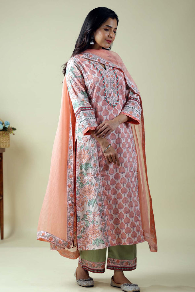 Peach Kotadoriya Dupatta With Fabric Borders