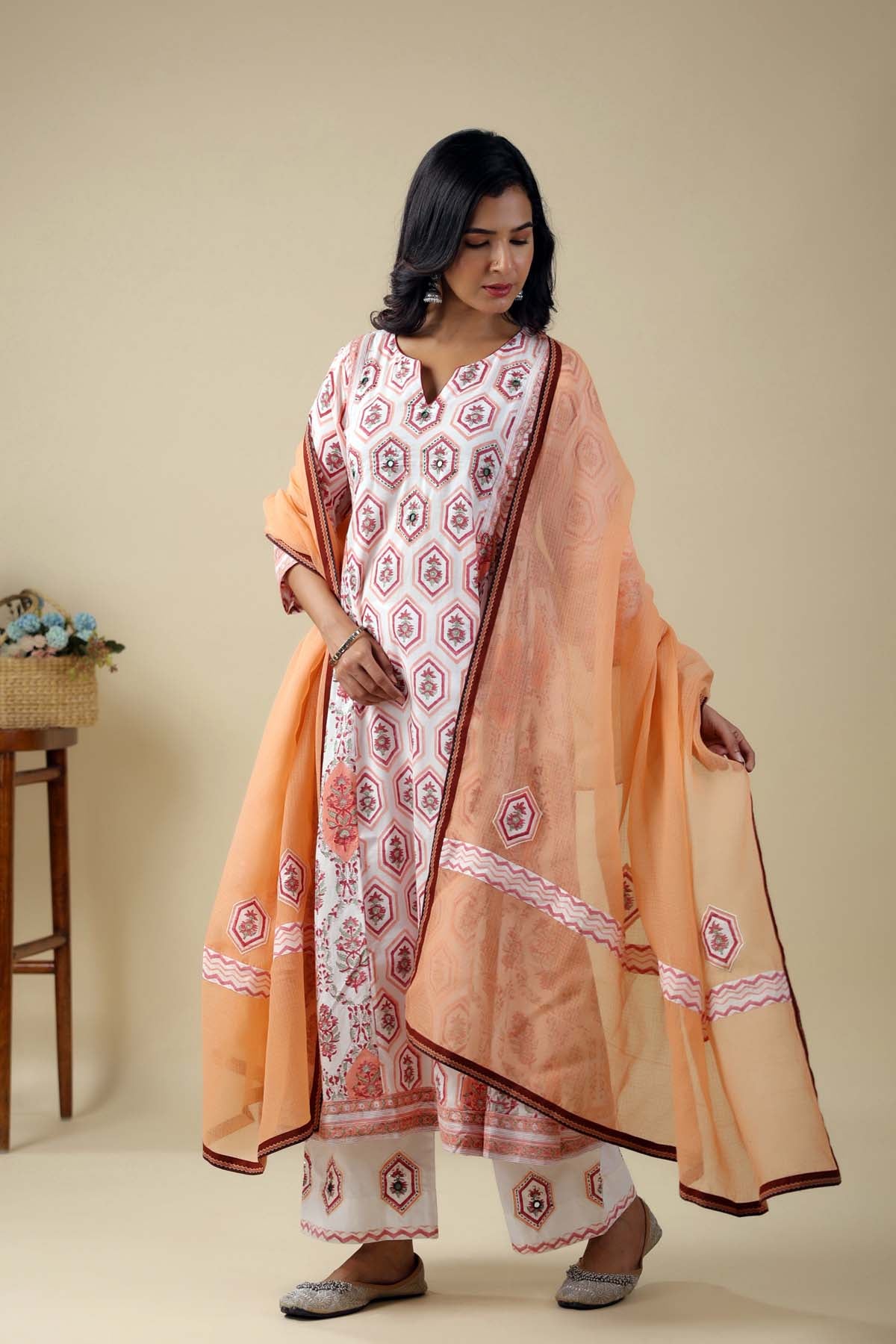 Peach Kotadoriya Dupatta With Applique Work