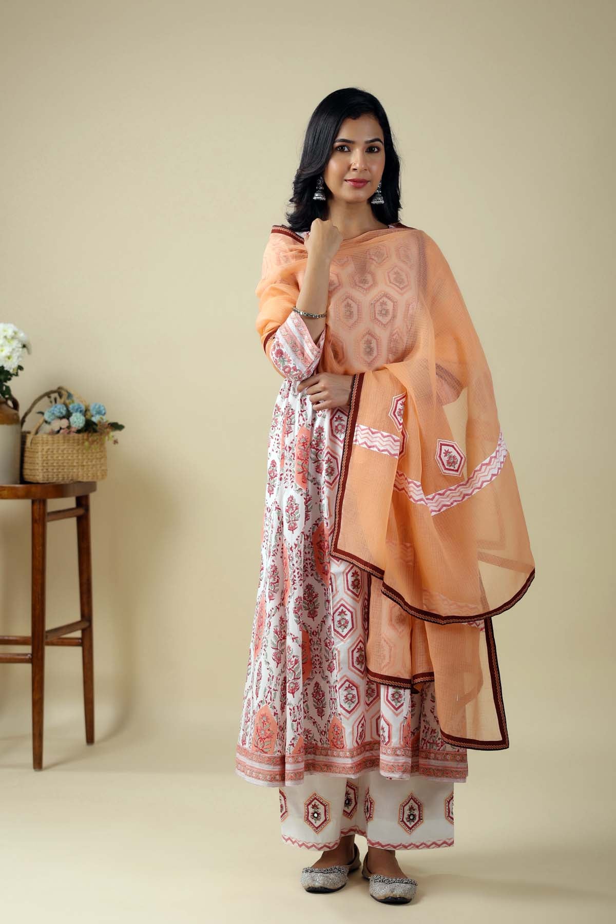 Peach Kotadoriya Dupatta With Applique Work