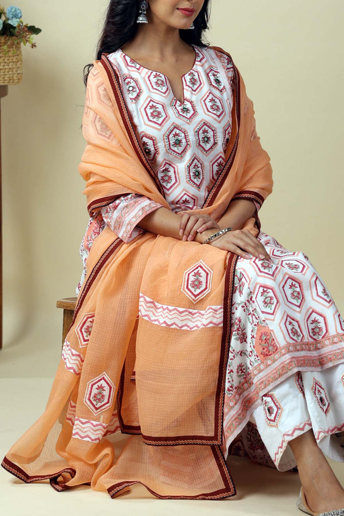 Peach Kotadoriya Dupatta With Applique Work